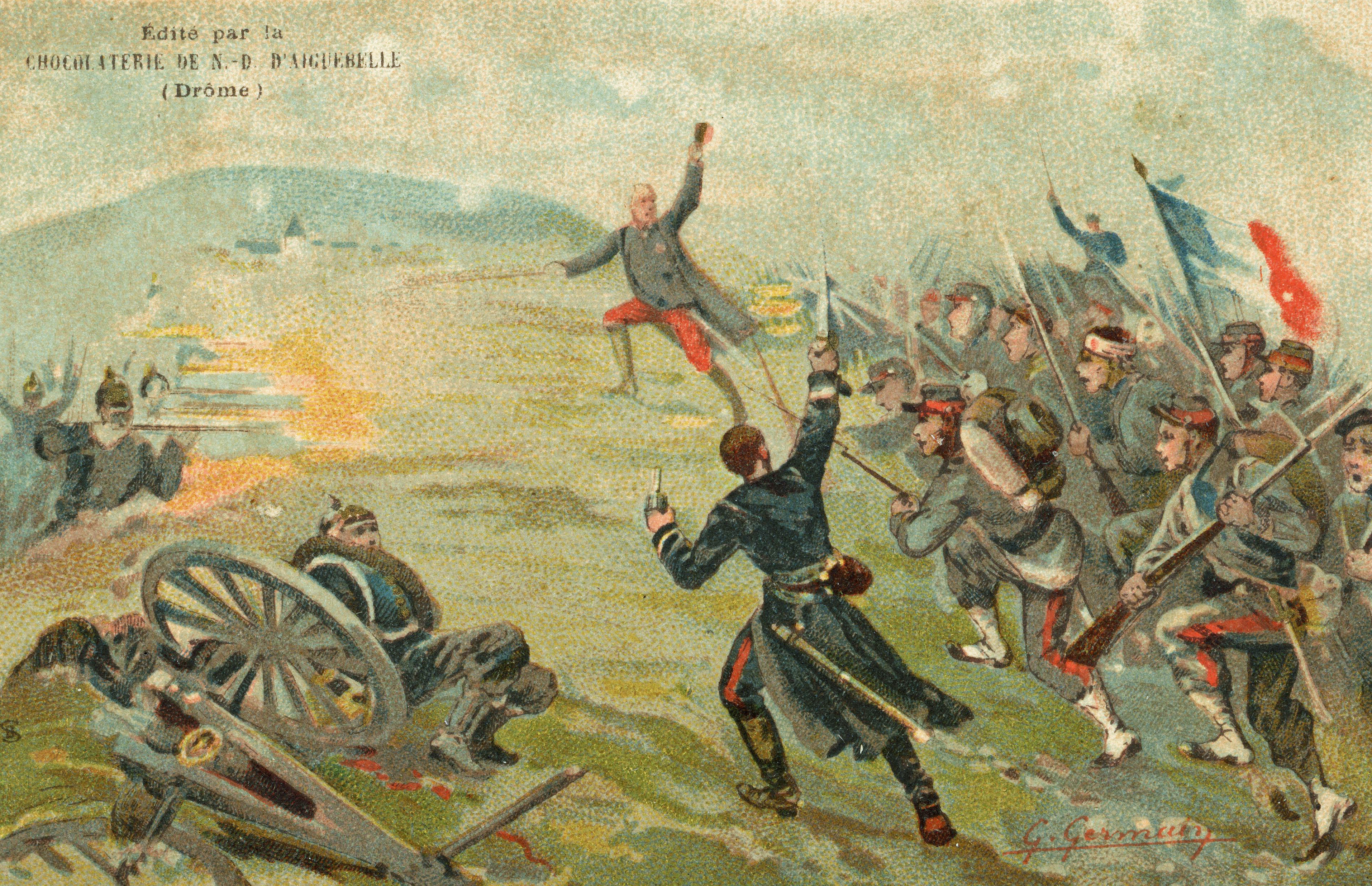 Collector card distributed by chocolatier d’Aiguebelle depicting the Battle of Le Mans and the French attack at Auvours on 11 January 1871 with General Gougeard leading the charge.