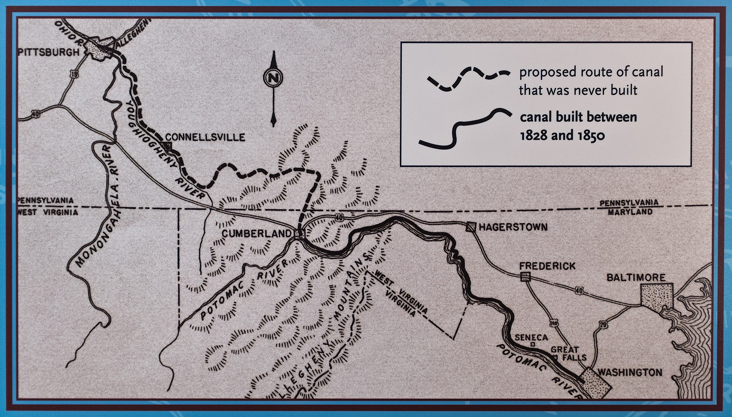 Proposed map of the Chesapeake and Ohio Canal, which includes portions never built. C&O Canal Association courtesy of the National Park Service.