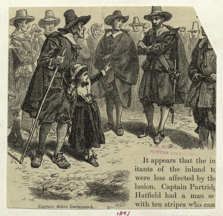 Image of Captain Alden being denounced during the Salem witch trials.