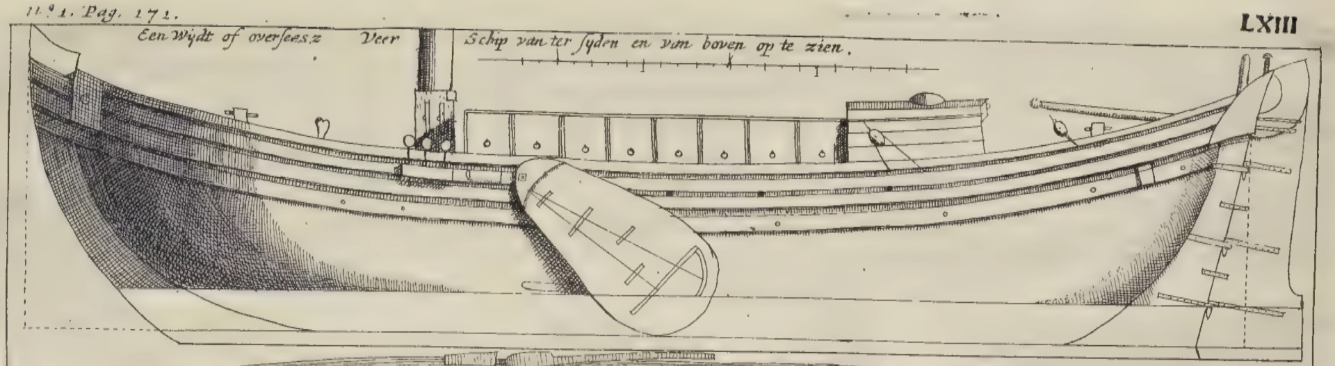 Sheer view drawing of a wijdschip drawn by Nicolaes Witsen in 1671
