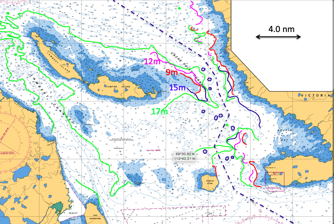 A chart from the Canadian Hydrographic Service showing Cache Point Channel, a major navigational constraint in the Northwest Passage.