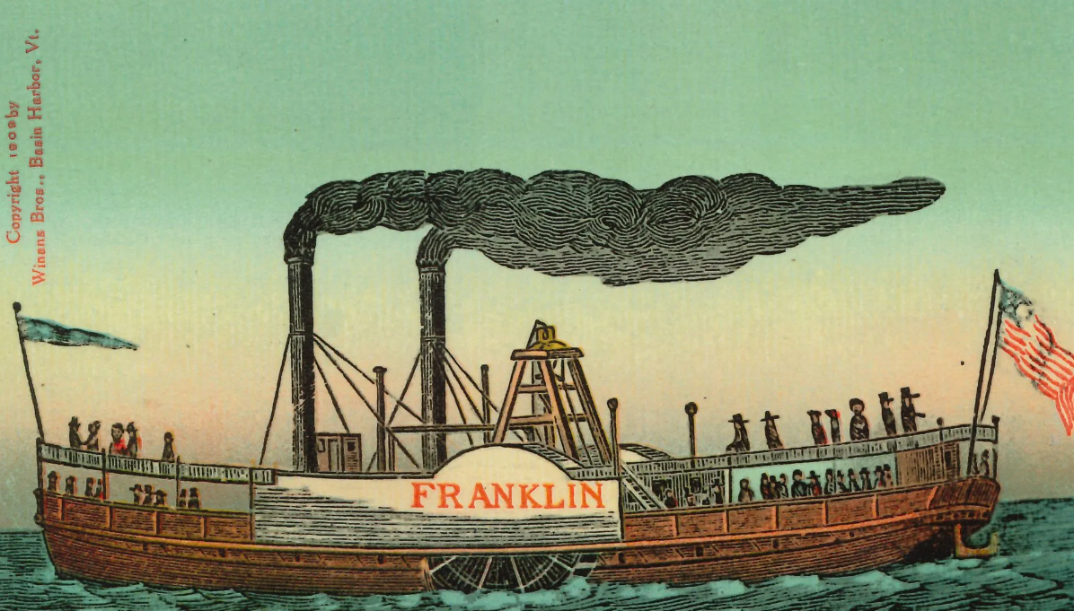 A 1909 postcard depicting the steamboat Franklin – part of a commemorative series featuring Lake Champlain’s early steamboats. (