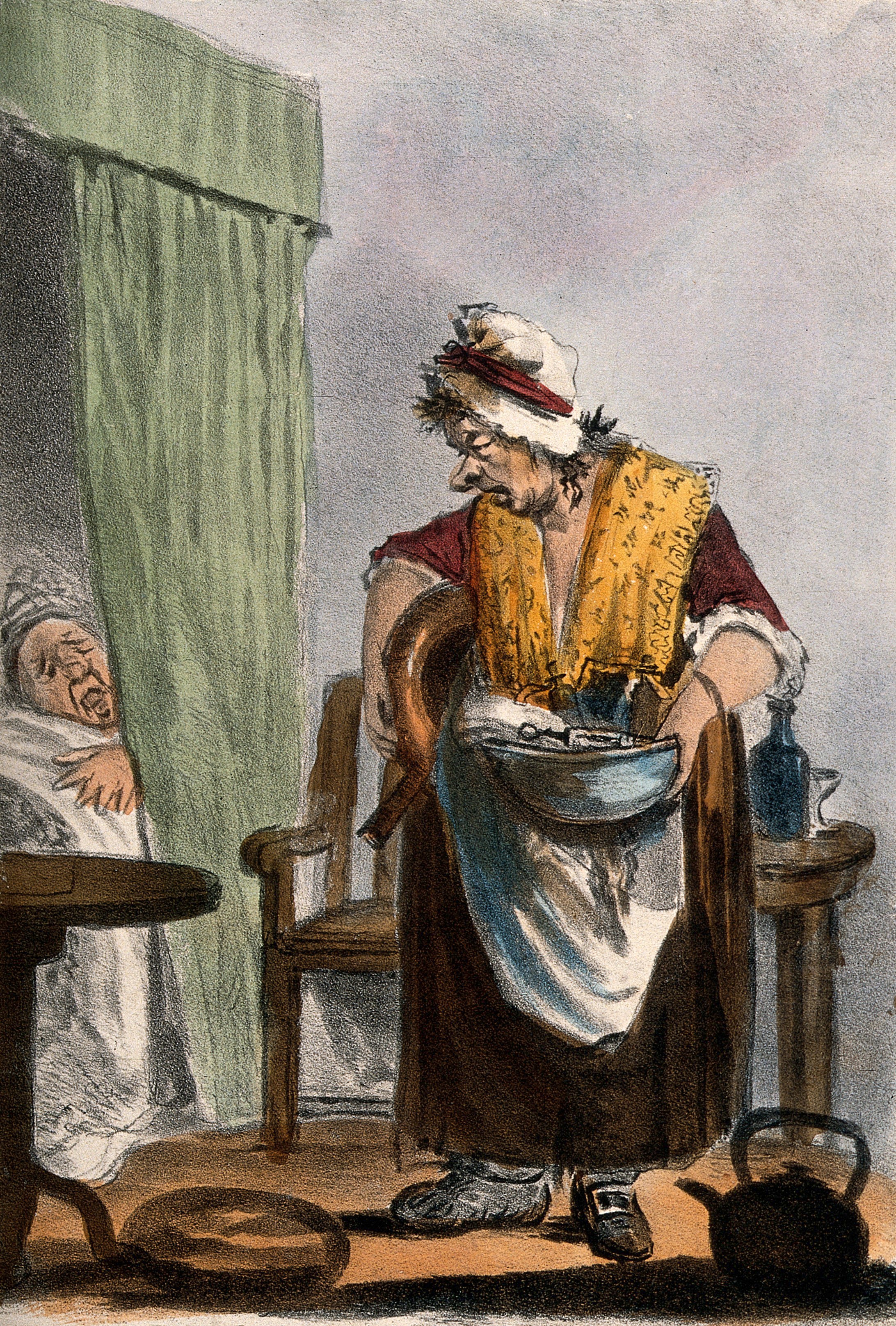 “A dishevelled nurse with her disgruntled patient. Coloured lithograph by W. Hunt.” (Wellcome Collection).