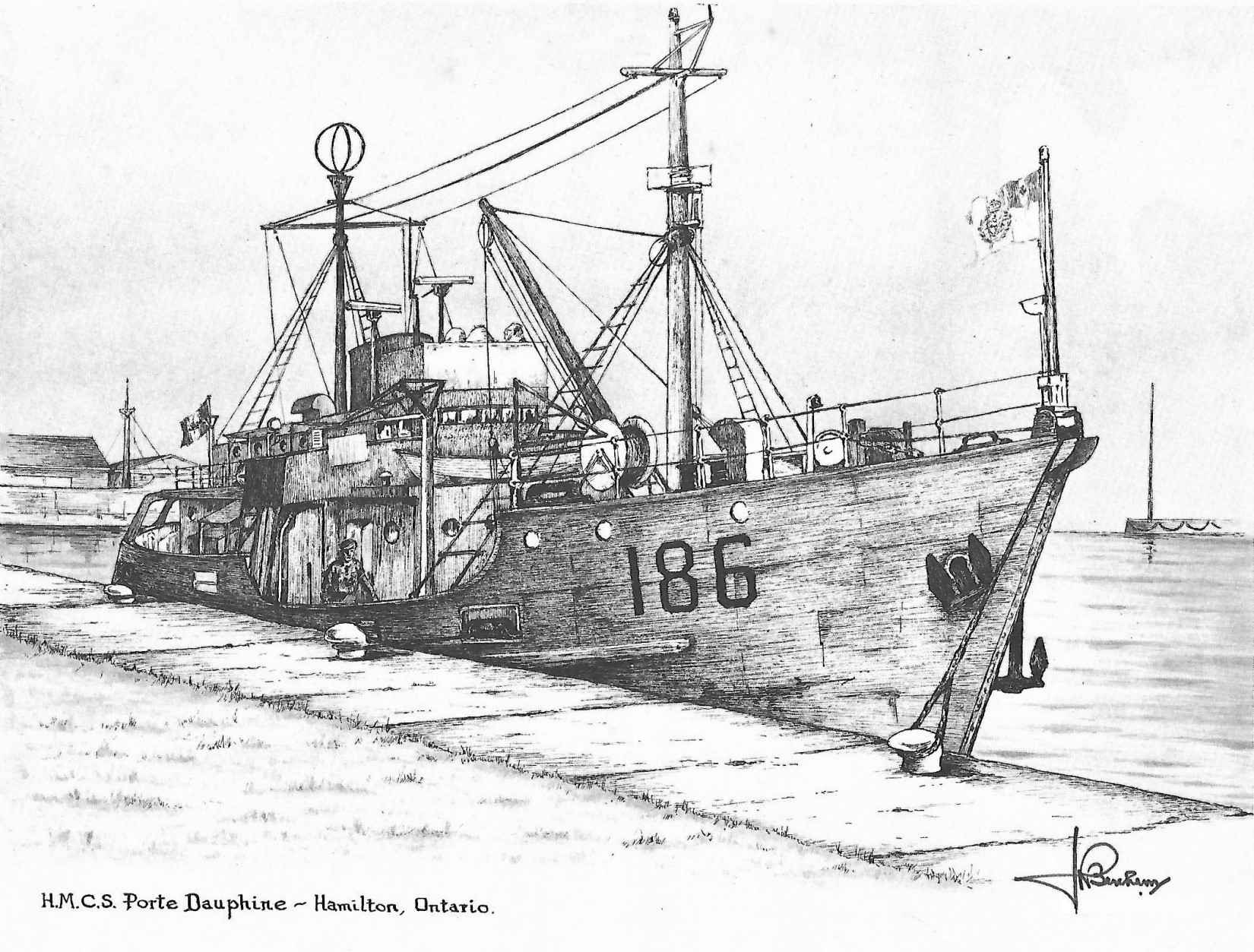 Sketch by F.R. Berchem of HMCS Porte Dauphine, Hamilton Harbour, 1975.