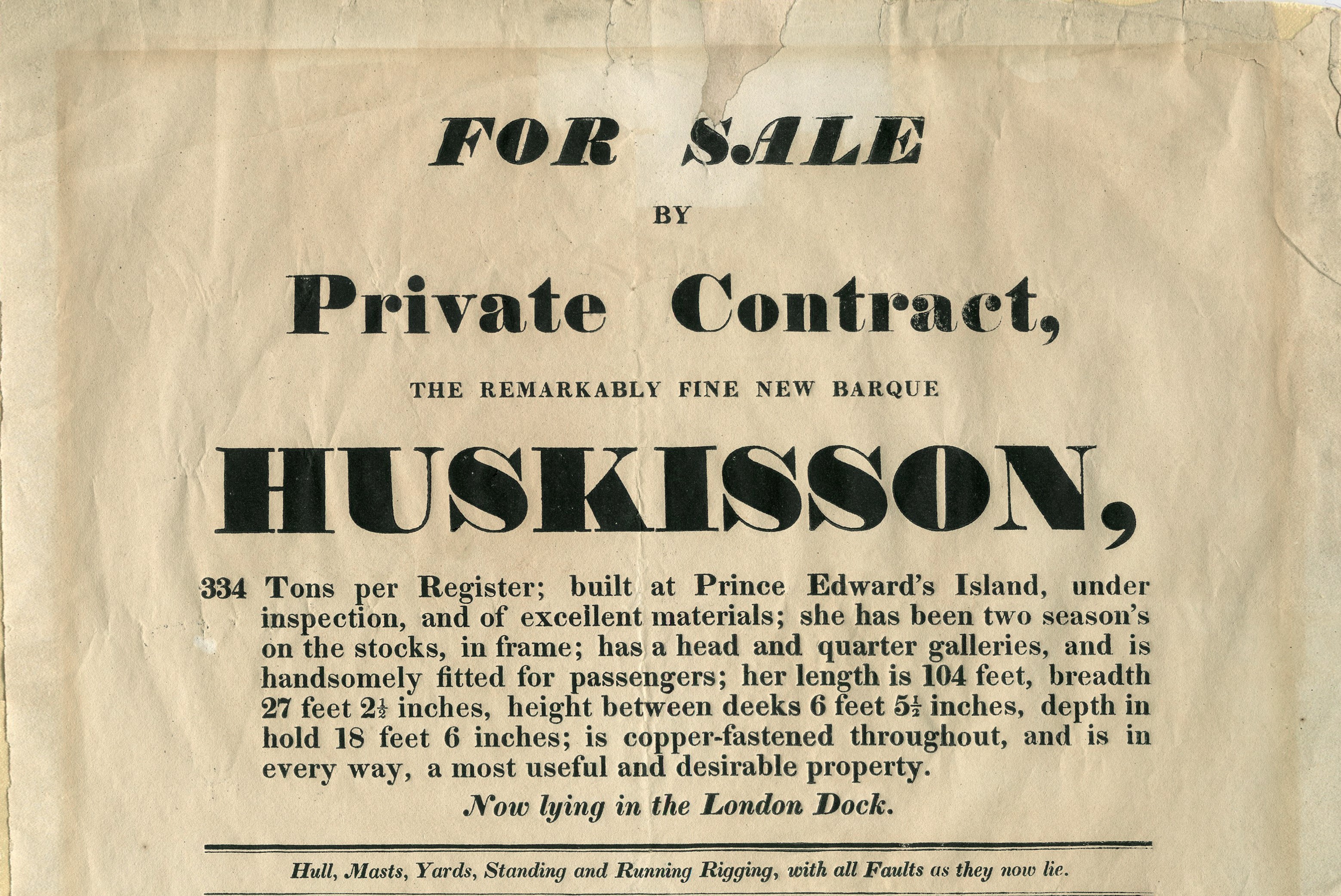 Sale handbill for Prince Edward Island-built barque Huskisson
