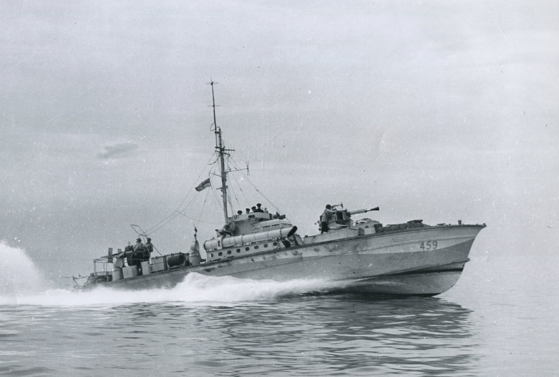Quick, elusive, and persistent, motor torpedo boats played a key role in defending the assault area. This is MTB 459 of the Royal Canadian Navy's 29th Flotilla.