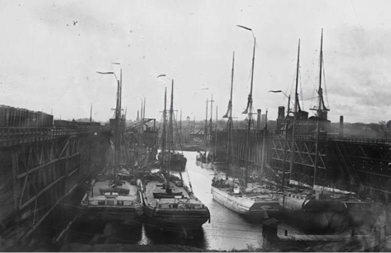 The schooners (left to tight) Henry Witbeck, Isaac Stephenson of Ogdensburg, D. Freeman of Port Hope, Ontario and M. & H. Lyon of Ogdensburg awaiting loading alongside the Delaware & Hudson and New York, Ontario and Western coal trestles at Oswego, New York in 1910.
